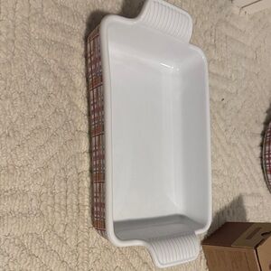 White Ceramic Baking Casserole with Red Plaid Accent